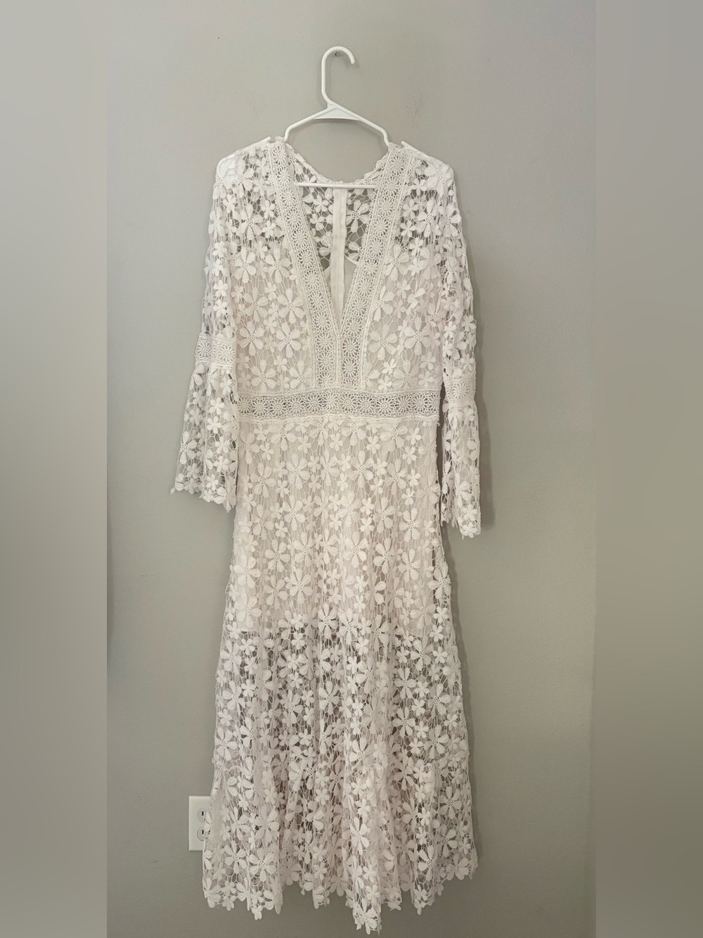 White Floral Lace Maxi Dress Boho Wedding Guest Flounce Sleeve 3X